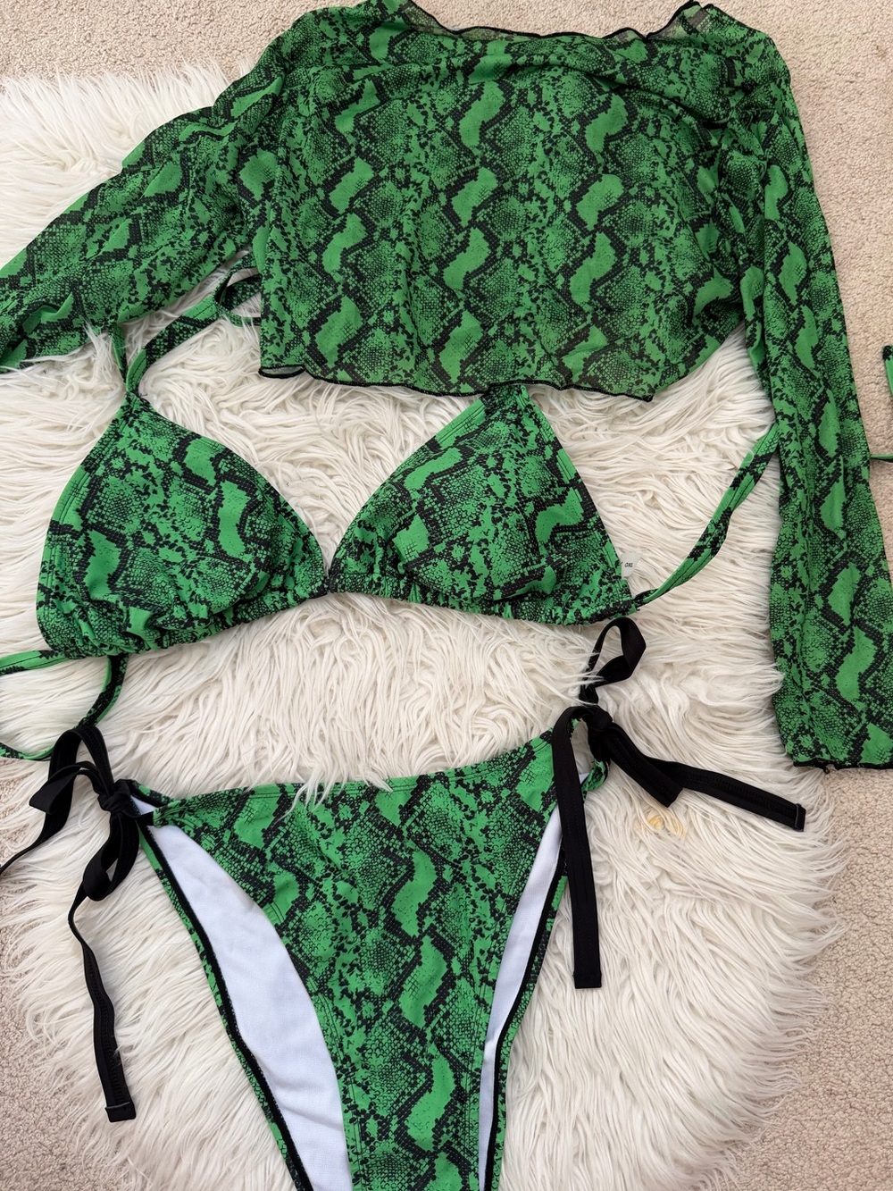Green Snake Print Triangle Bikini Set with Cover-Up Brand New